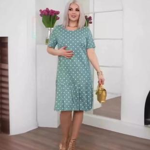 Dot Short Sleeves Round Slim Polka Ruched Waist Neck