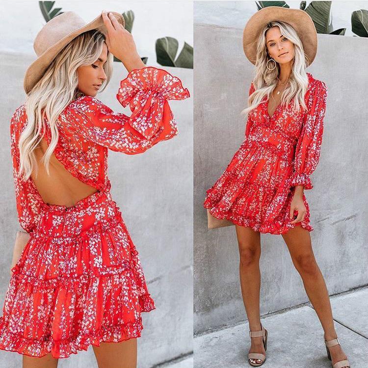 V-neck halter back long sleeve ruffled sexy chiffon dress