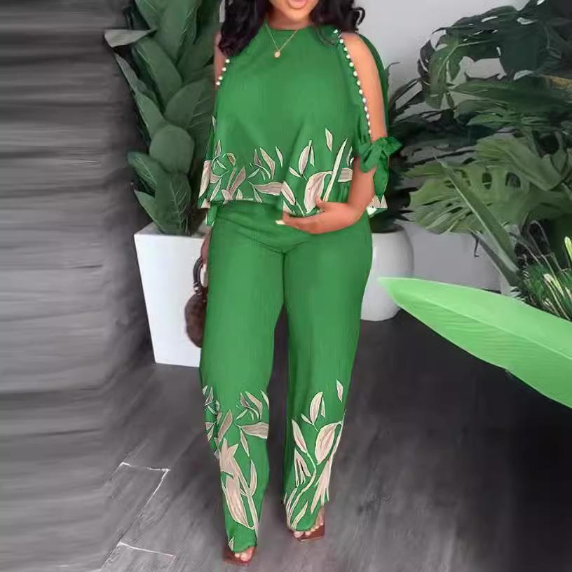 two piece sets women outifit summer plants print split