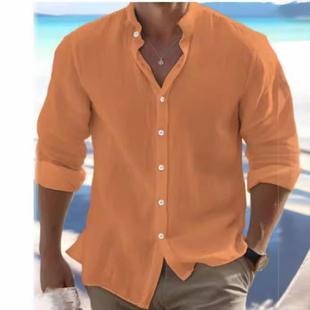 Shirt Linen Collar Button-Down Beach Wear Sleeve Stand