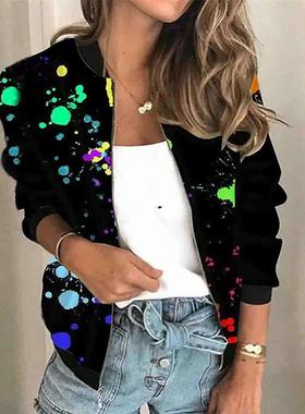 clothes women jacket spring print flower up zip colorfast
