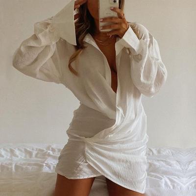 Long Sleeve White Shirt Sexy Deep V Womens Linen Dress