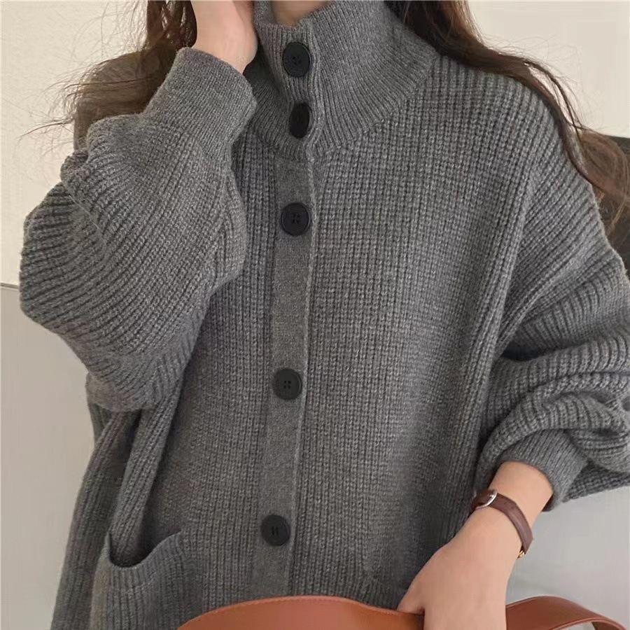 women for sweater cardigan knitted collar high long loose