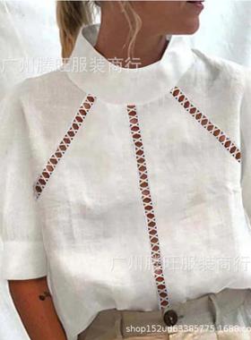 Women for Top Short Neck Round Hollow Linen and Cotton Lace