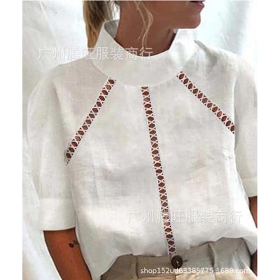 Women for Top Short Neck Round Hollow Linen and Cotton Lace