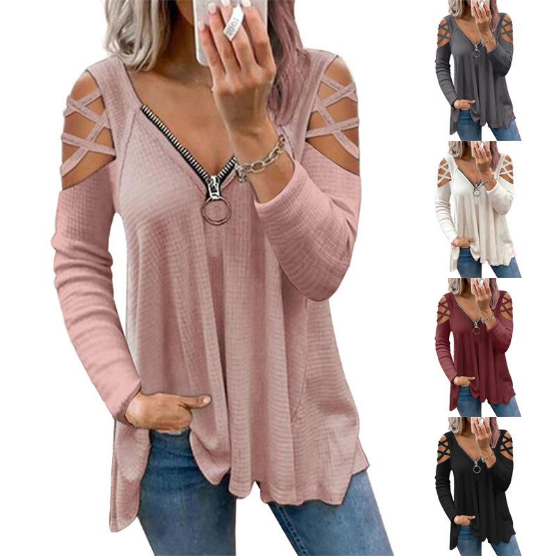 Womens Cross Shoulder Top Solid Color V-Neck Zipper Loose