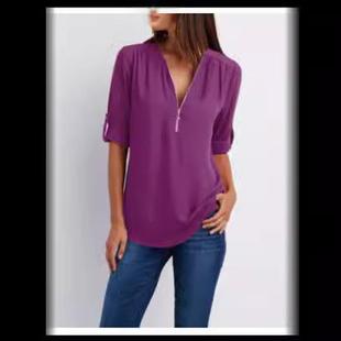 size womens loose long roll sleeve plus zipper shirt