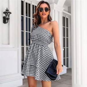 Plaid Dress Oblique One Shoulder Puff Sleeve Multi-layer