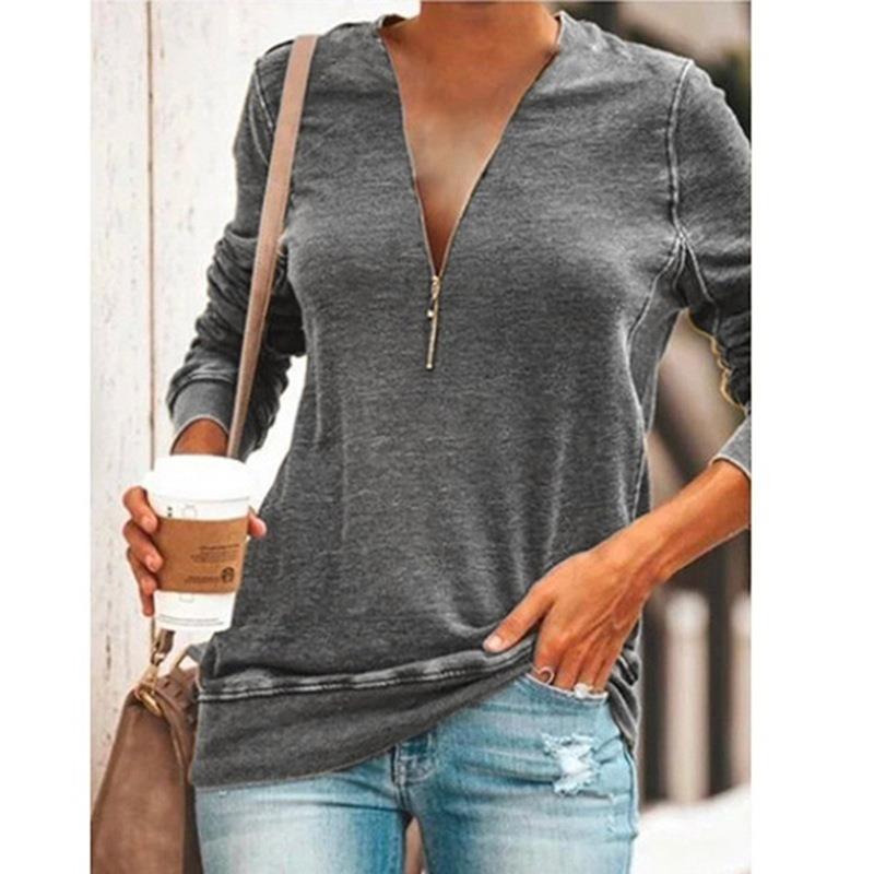 Women's Zipper V-neck Splicing Long Sleeve T-shirt