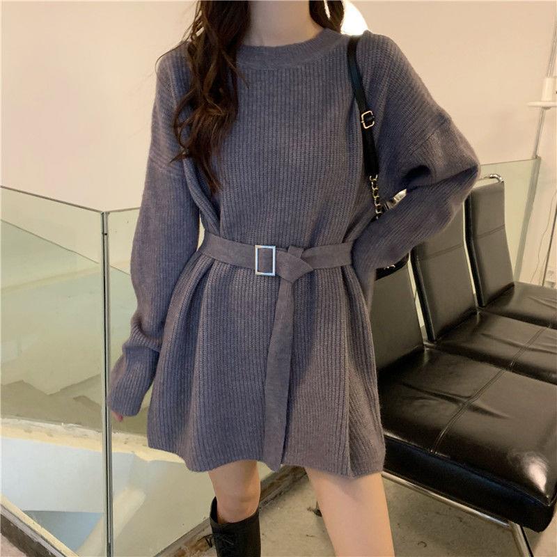 Solid color mid-length sweater for women round neck loose