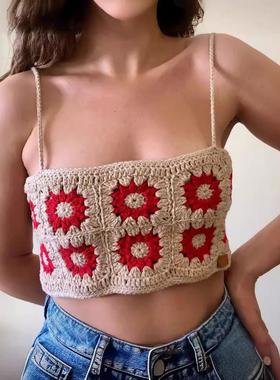 short handmade hollow flower knitted outer sleeveless strap