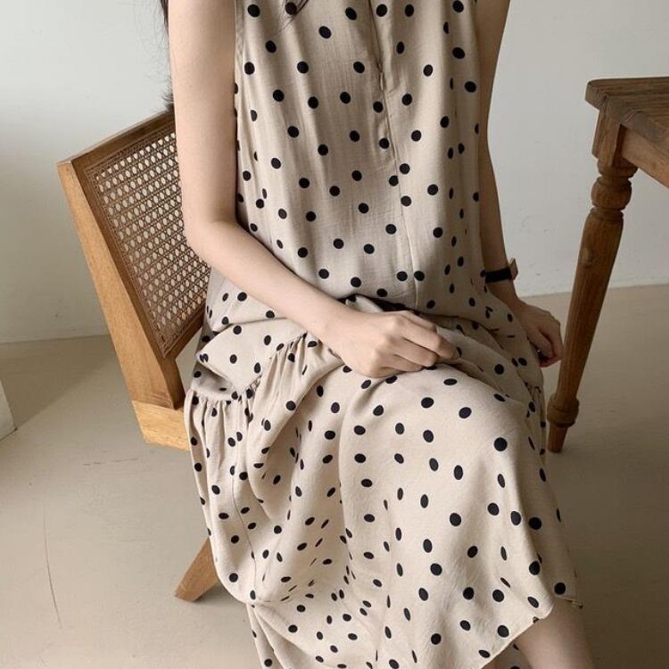 skirt temperament dot seaside dress sleeveless polka