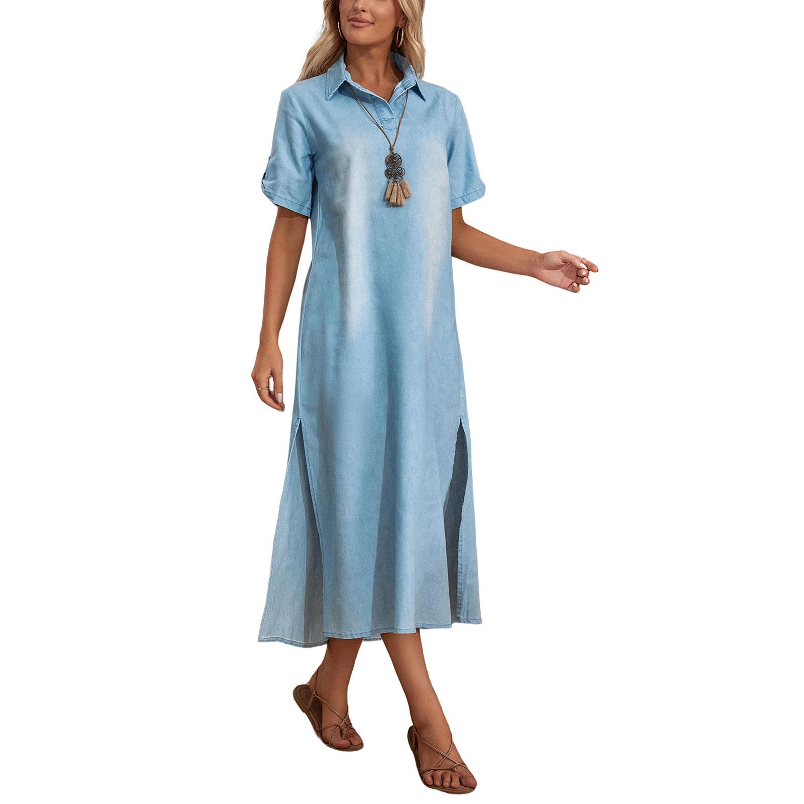 Loose Short Sleeve Light Color Womens Denim Dress Long