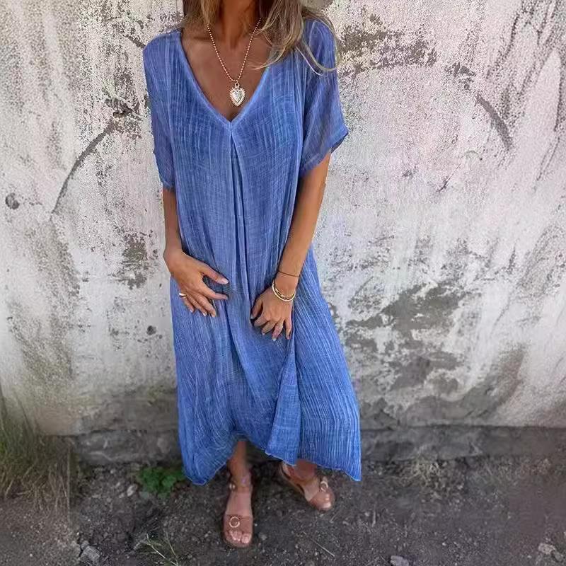 Fashionable cotton and linen V-neck short-sleeved dress