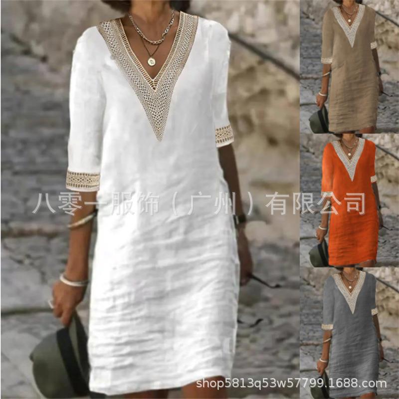 linen dress cotton solid color mid-sleeve casual V-neck