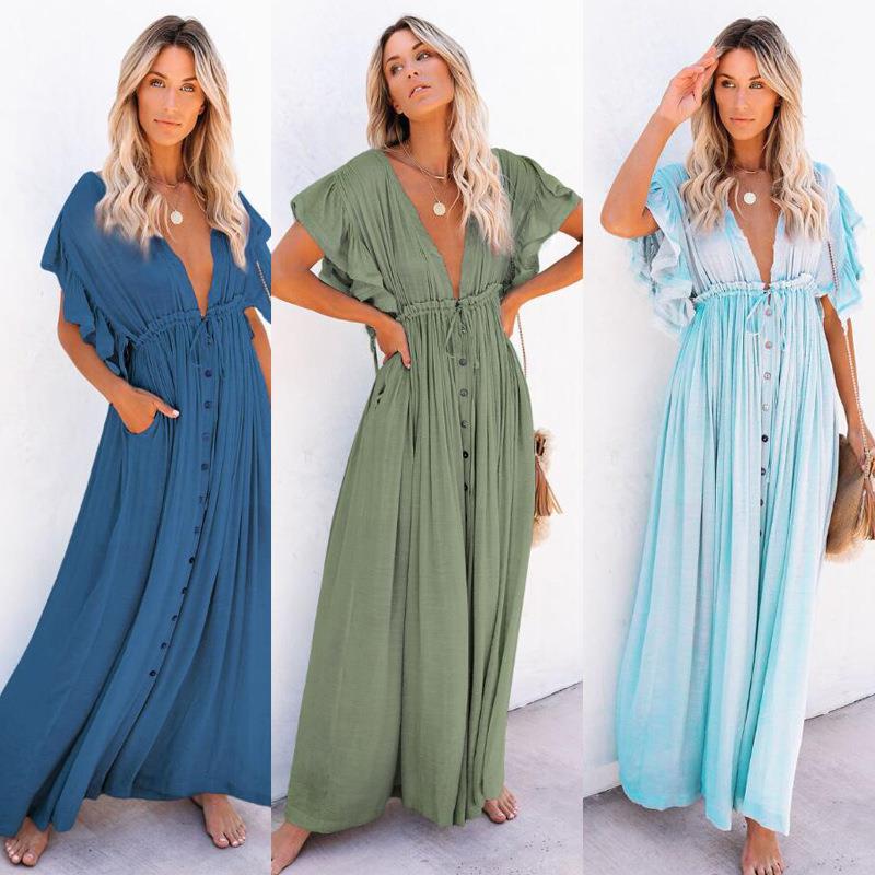 Bamboo fabric button drawstring waist long skirt sunscreen