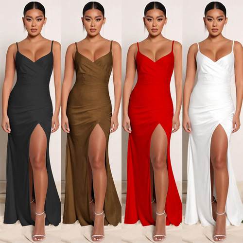 sexy gorgeous side high slit evening gown  classic satin