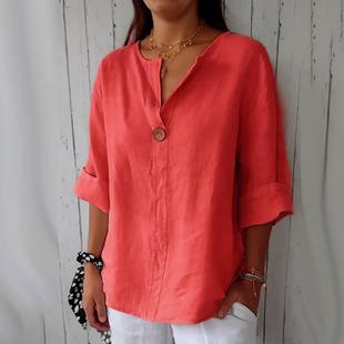 neck Womens Button Top and Loose Cotton shirt Linen