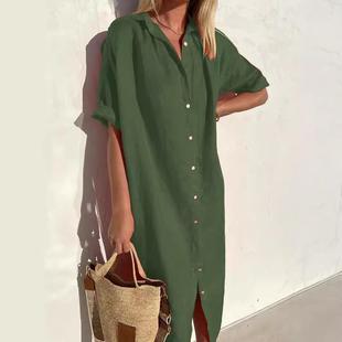 Shirt Pocket Long Linen and Cotton Dress Button Sleeve