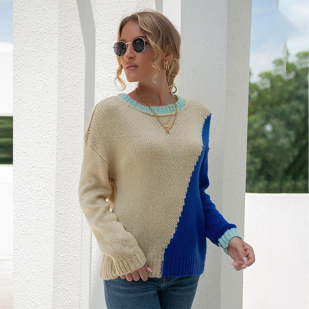 White and blue striped knitted sweater for women round neck