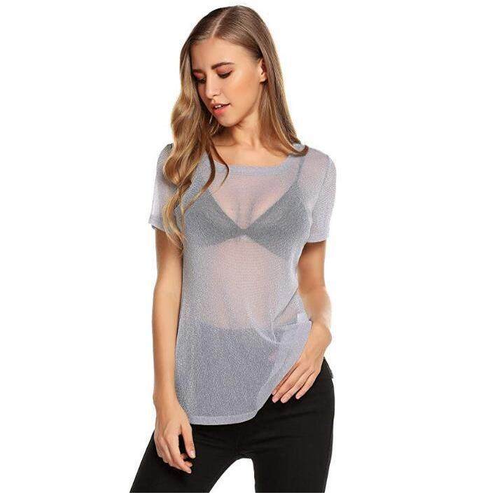 Womens high elastic silver mesh hollow long-sleeved top