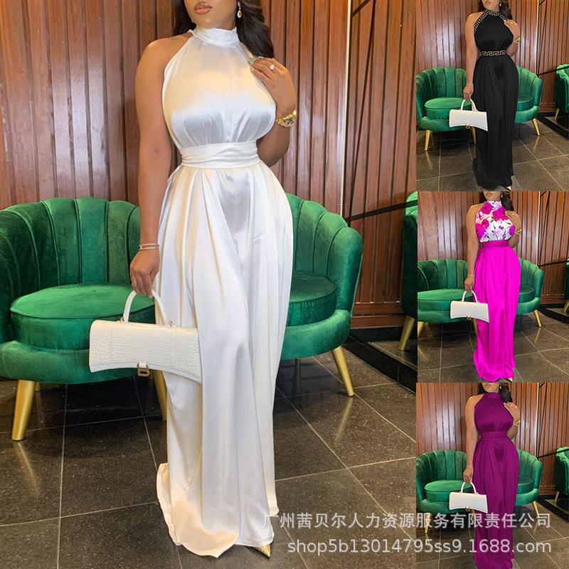 Wide Womens Halter Jumpsuit Sleeveless Satin White Waisted