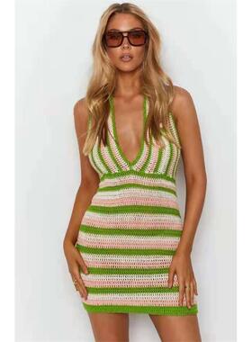 womens mini skirt hanging neck multi-color stripes backless