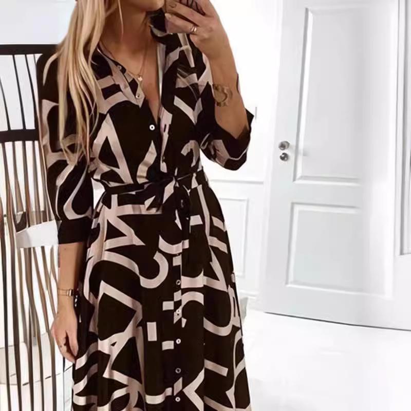 Womens Dress V Neck Spring Button Long Sleeve Lace-up Dress