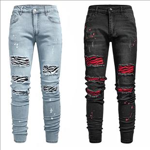 Mens jeans mens tight ripped hem zipper pants clothing