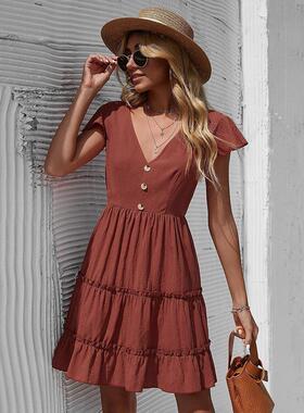 dress suspender mid-waist red solid skirt short commuter