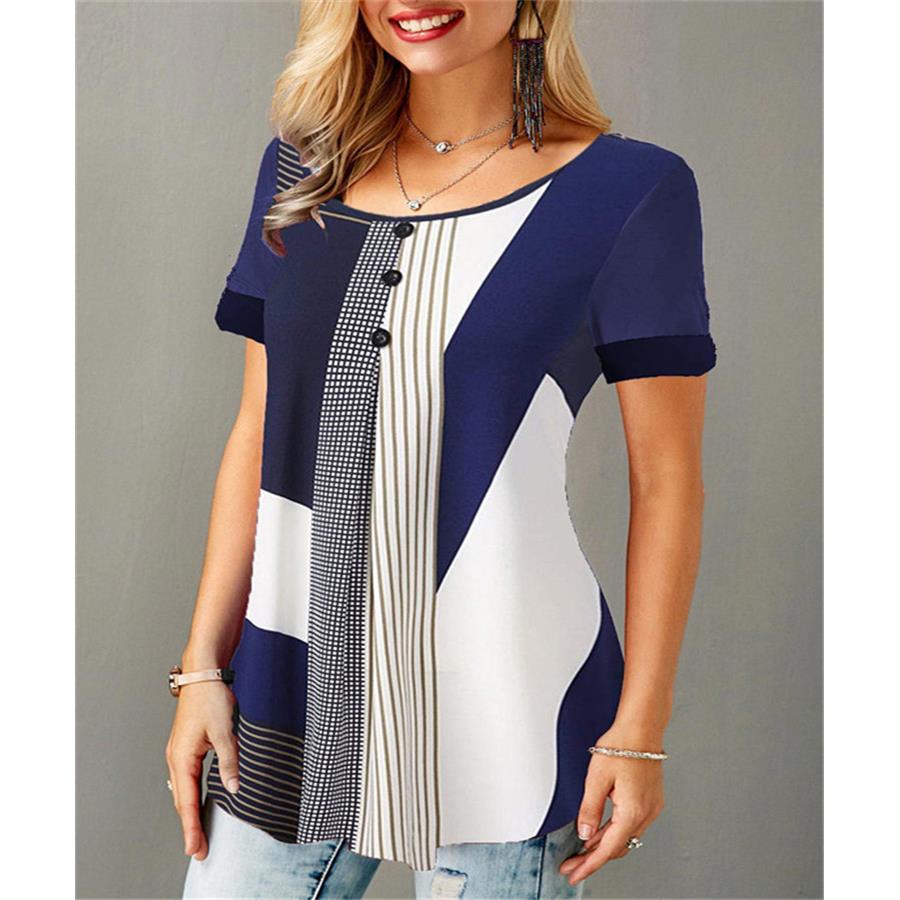 Loose round neck button short sleeve T-shirt large size