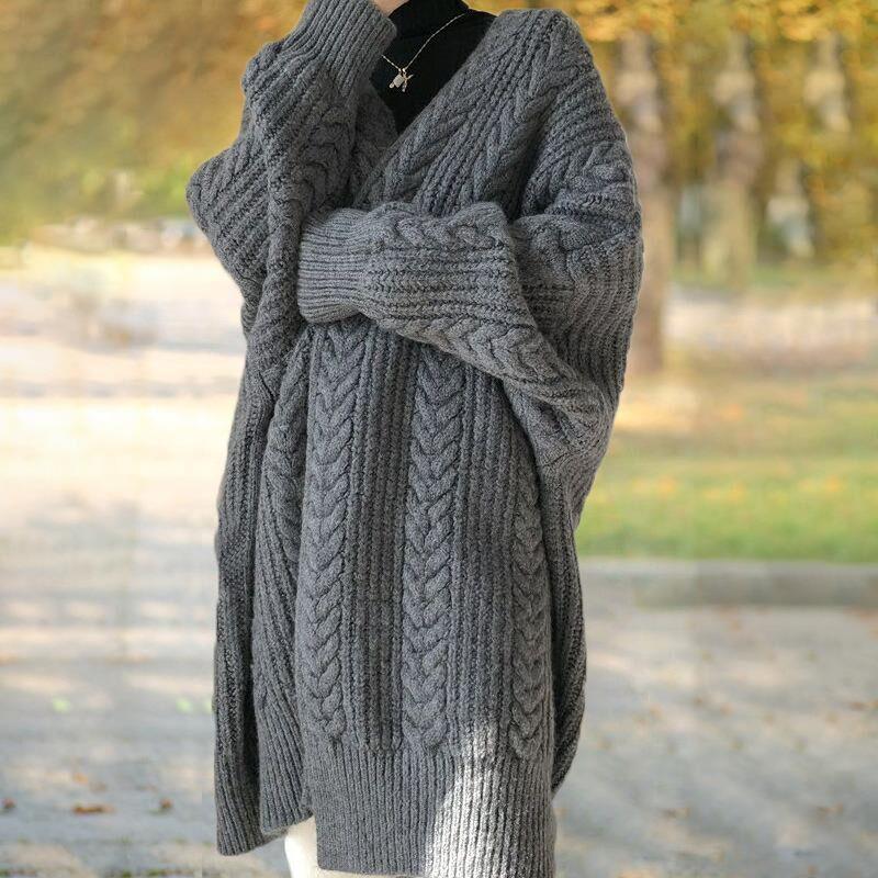 coat mid-length cardigan knitted color solid loose womens