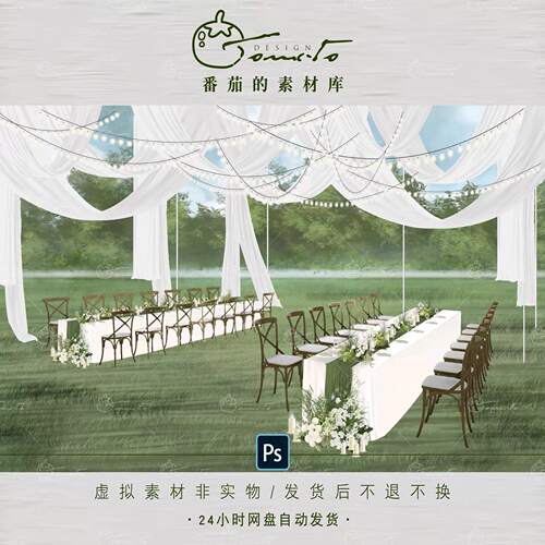 TOMATO107婚礼素材奶白色布幔白绿色户外用餐长条桌餐桌花设计PSD