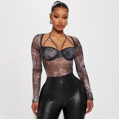 Bodysuit Sexy Womens Tight Sleeve Long Neck Halter Mesh
