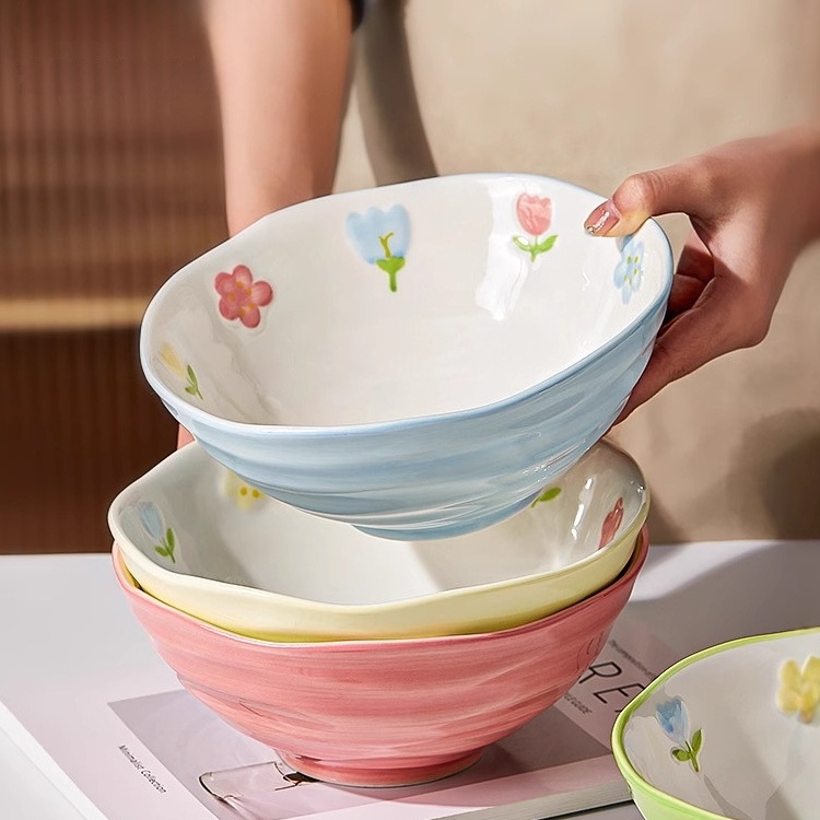 奶油风花朵米饭碗陶瓷斗笠碗