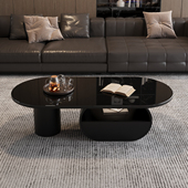 现代简约黑色高级感钢化玻璃茶几椭圆形客厅小户型轻奢创意茶桌
