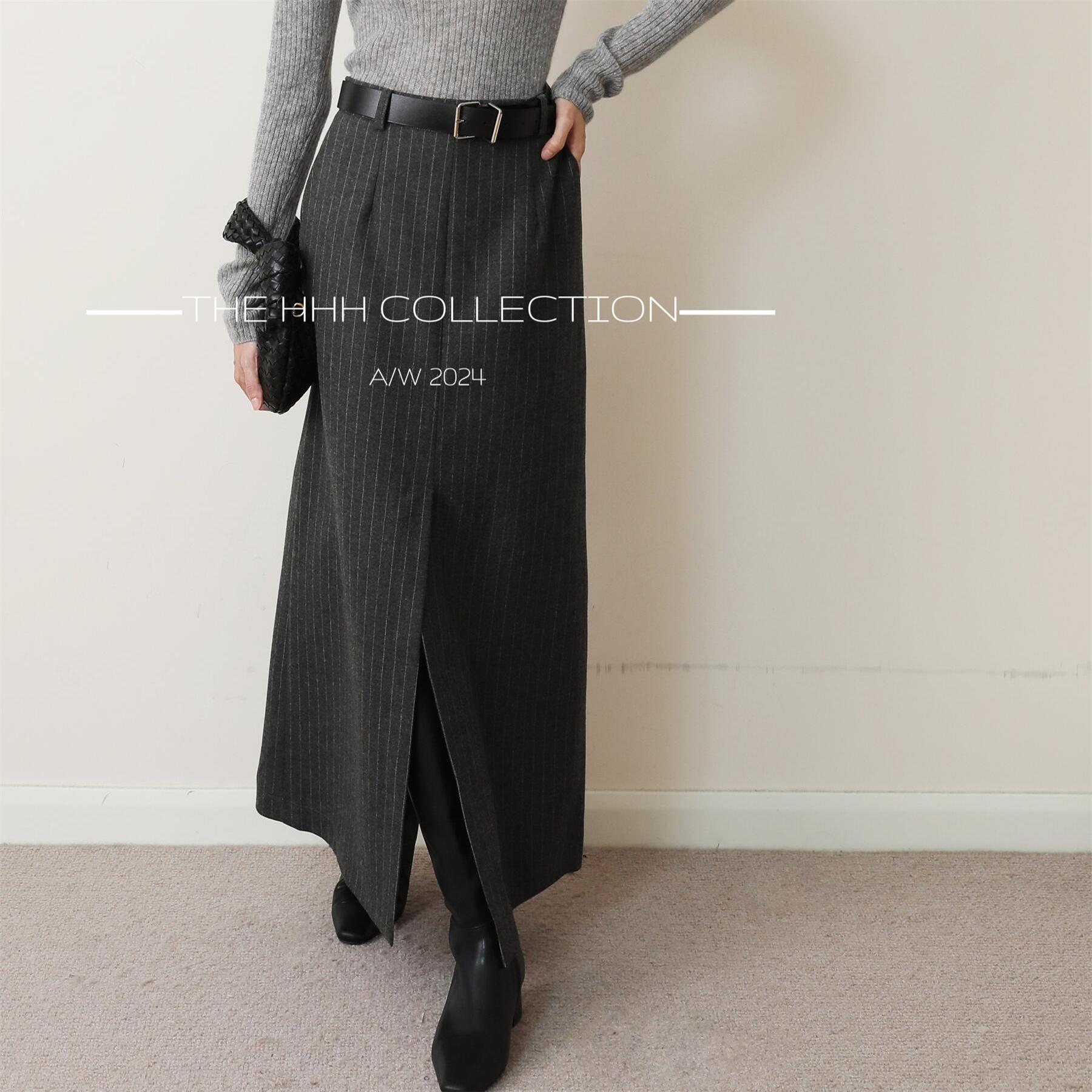 3HLADY老钱感格雷灰色竖纹 前开叉 后松紧腰高克重羊毛过膝半身裙