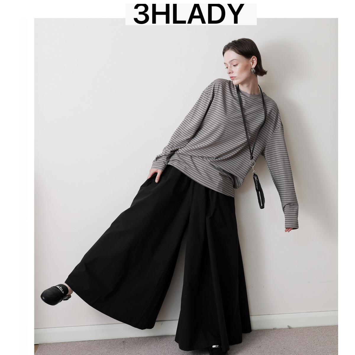 3HLADY |25早秋小众设计风定制 纸感棉 松紧腰大裙摆式黑色裙裤