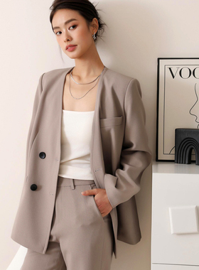 3HLADY|时髦OUTFIT 客供肌理纹含NAIA醋纤双排扣箱型西装/ 烟管裤