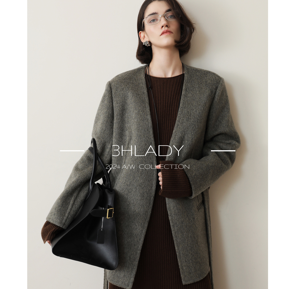 3HLADY 进口混花纱毛绒感松茸灰绿 双面异色双面呢中长/长款大衣