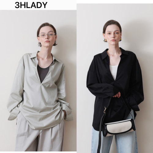 3HLADY |中性风 微光精梳棉 宽松随意 叠穿风格深V翻领长袖衬衫