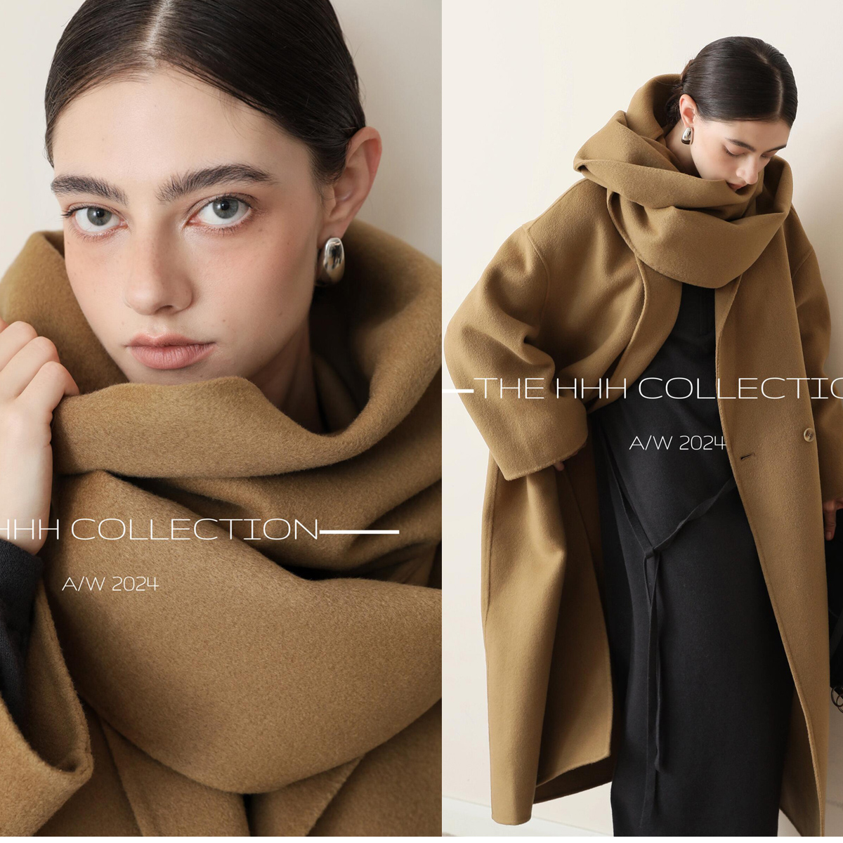 3HLADY 温暖加倍 配围巾设计 沙漠驼双排扣中长款大衣双面呢