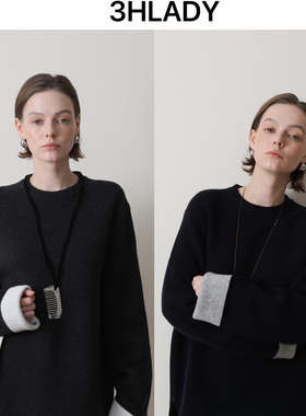 3HLADY CO*风 双股编织高克重 可翻边袖OS宽松廓形毛衣