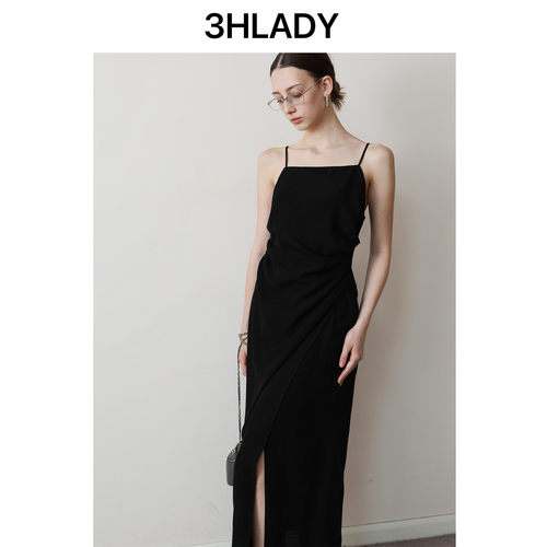 3HLADY | 一字领ROW风 法式小露背 下摆侧开叉黑色醋酸吊带连衣裙