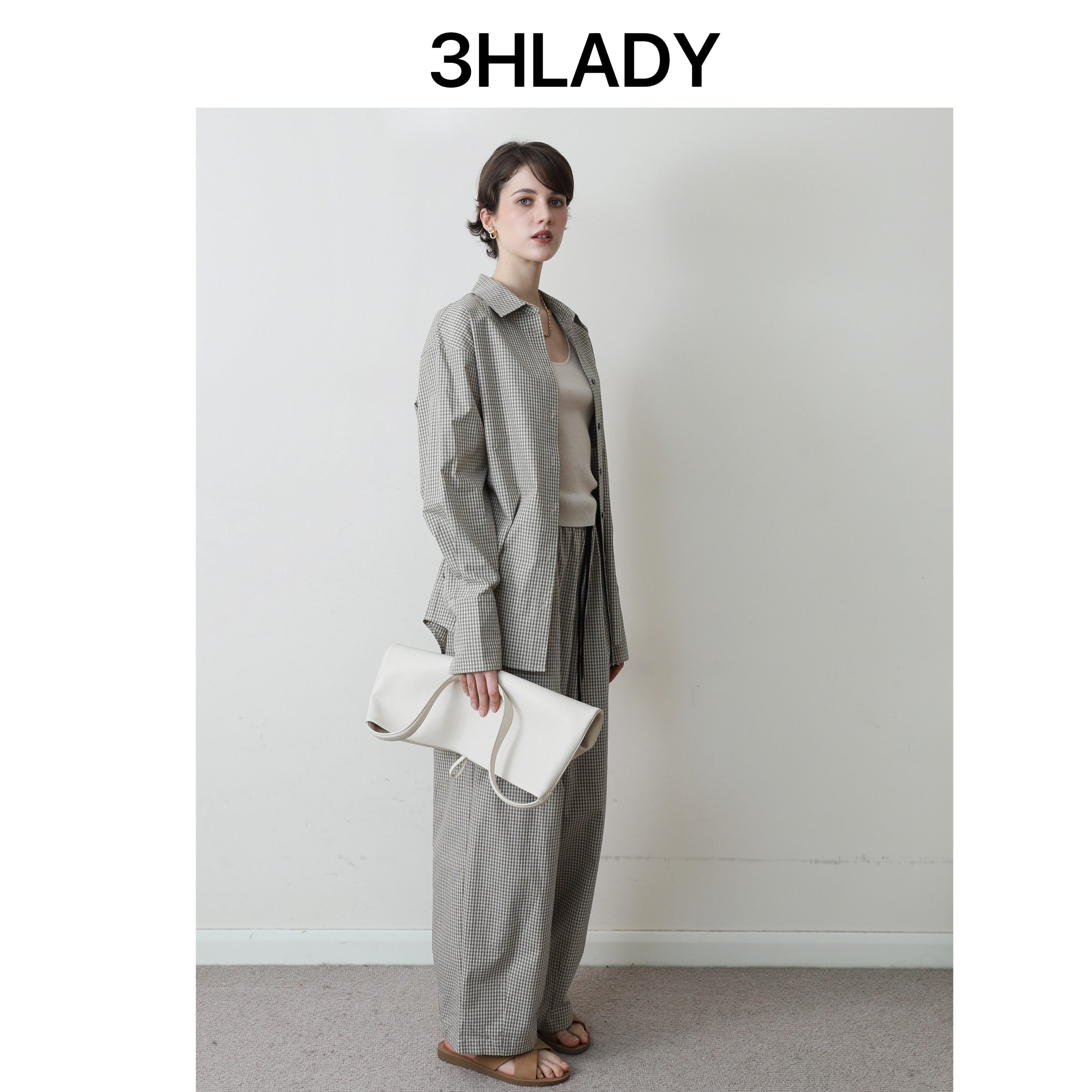 3HLADY MIU系高智 进口精梳棉 小格纹系带衬衣/ 锥形气球裤