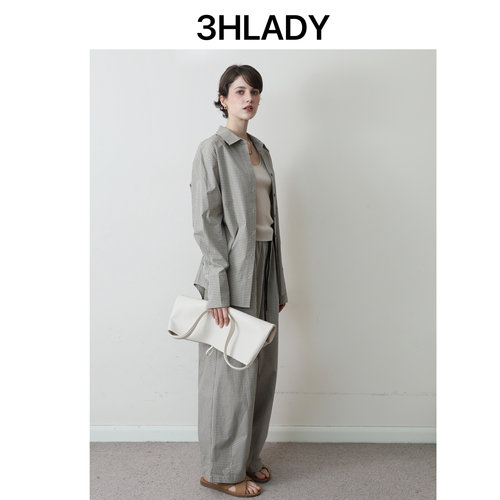 3HLADY MIU系高智 进口精梳棉 小格纹系带衬衣/ 锥形气球裤