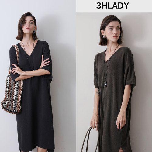 3HLADY | 时髦ROW风  法国雨露麻 踏筋设计侧开叉针织连衣裙