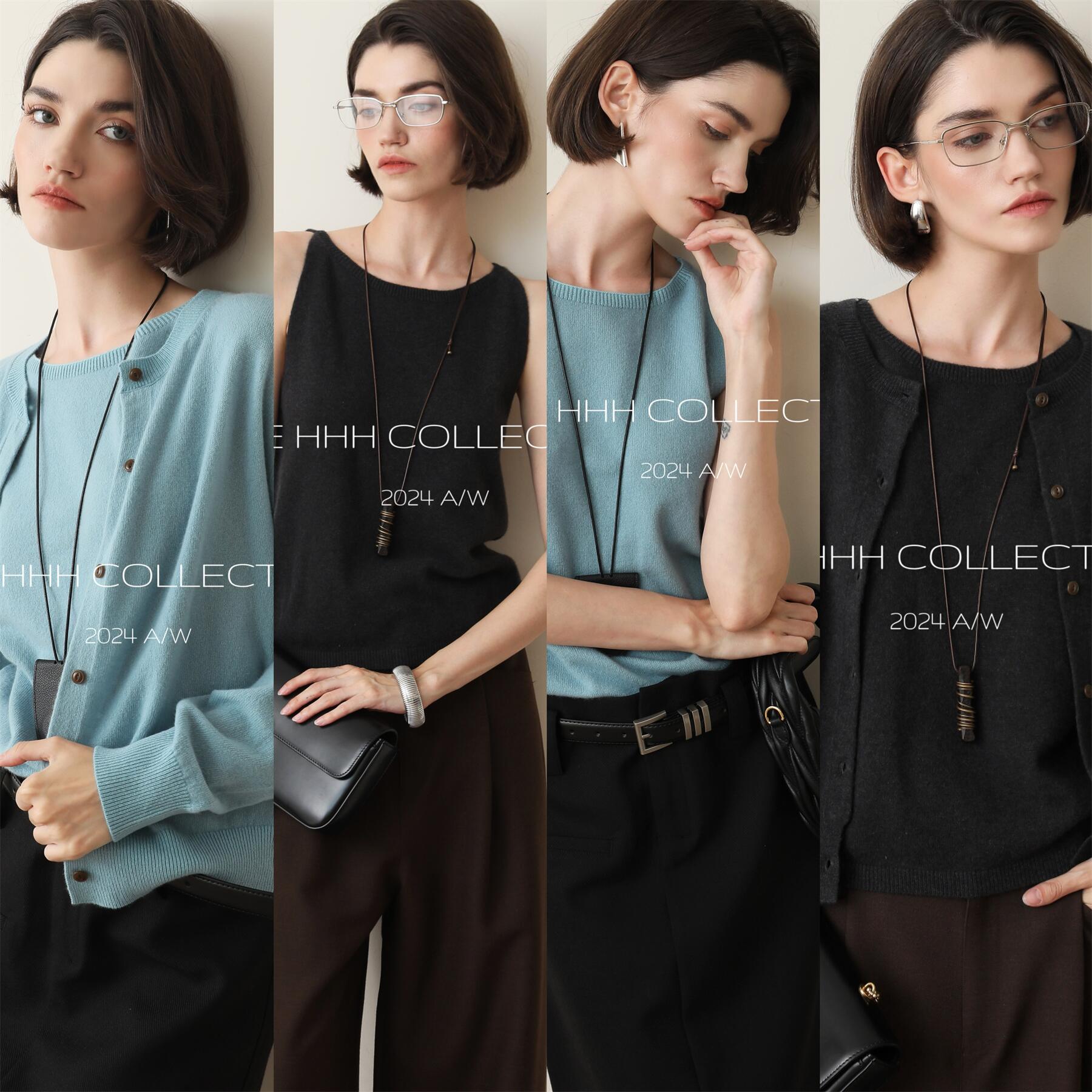 3HLADY 缪风书卷气 柔糯绵羊毛 削肩背心/圆领排扣长袖开衫