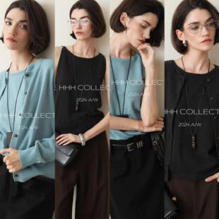 缪风书卷气 开衫 柔糯绵羊毛 圆领排扣长袖 削肩背心 3HLADY