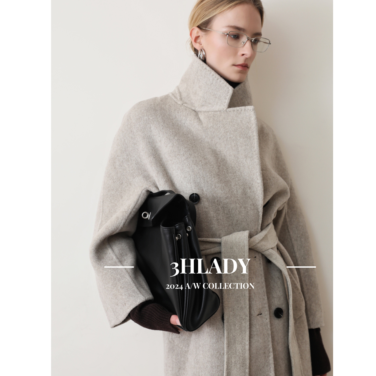 3HLADY 经典的老钱感 时髦落肩袖 纯新羊毛夹花燕麦色双排扣大衣